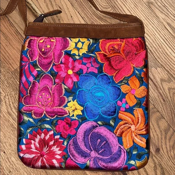 Handmade Floral Embroidered Crossbody Leather Bag NWOT